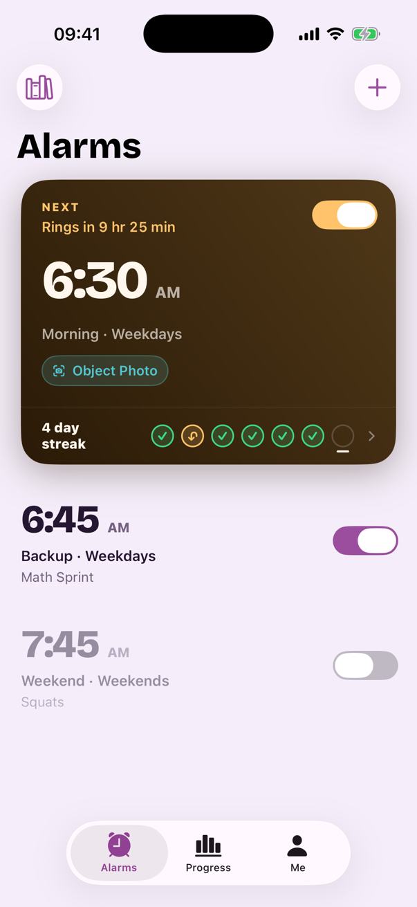 Albori showing a 6:30 AM alarm with an Object Photo wake-up task