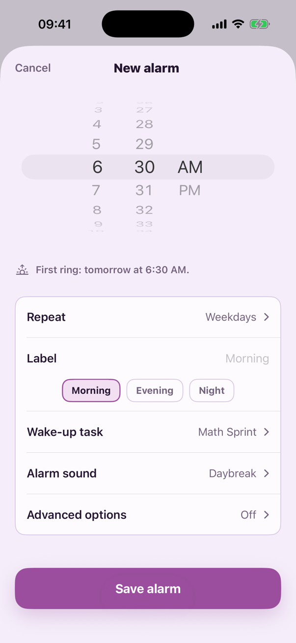 New alarm screen with time, repeat, wake-up task, alarm sound, and advanced options