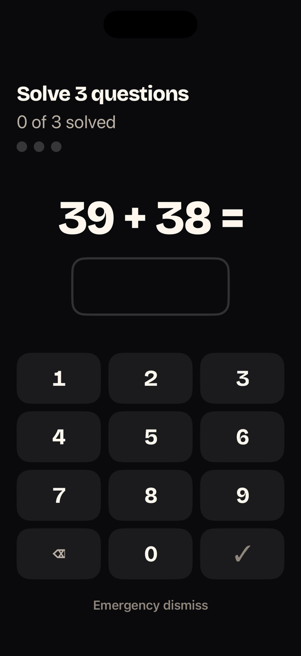 DawnPath Math Sprint in Wake Mode — solving three questions on a large dark keypad to silence the alarm