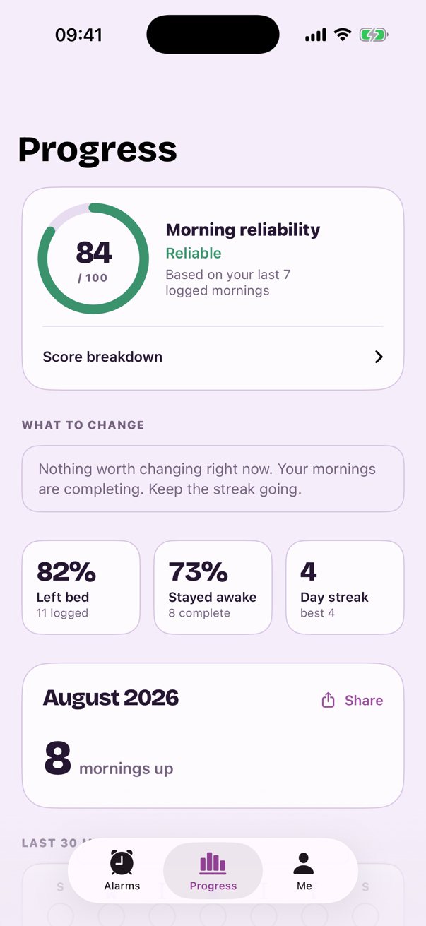 DawnPath Progress screen — morning reliability score of 85, left-bed and stayed-awake stats, minutes-to-leave-bed chart